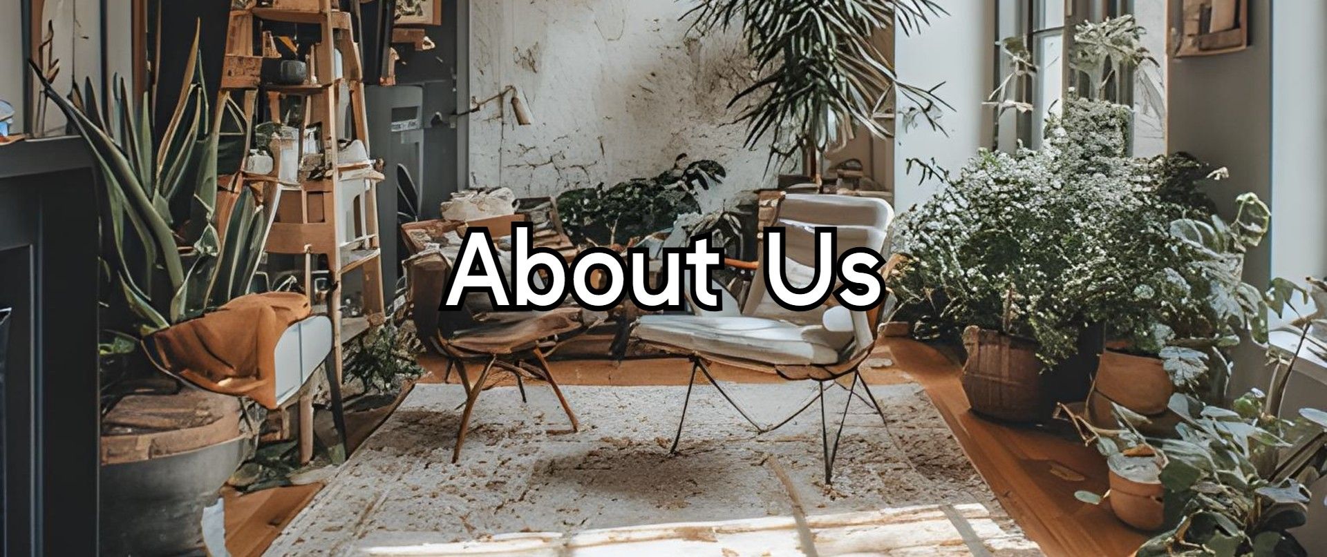 Cozy, sunlit showroom interior with wooden flooring, lush plants, and stylish decor, featuring 'About Us' text for Floor Fashions in Saint John, NB