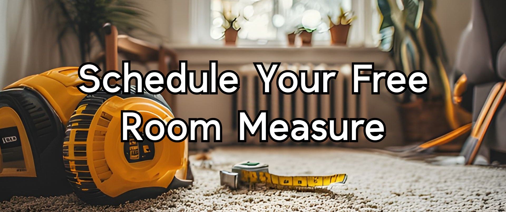 Cozy carpeted room with tape measure and yellow measuring tool on the floor, potted plants on windowsill, and chair near radiator; overlaid text reads 'Schedule Your Free Room Measure' to promote Floor Fashions’ complimentary in-home measurement service in Saint John, NB