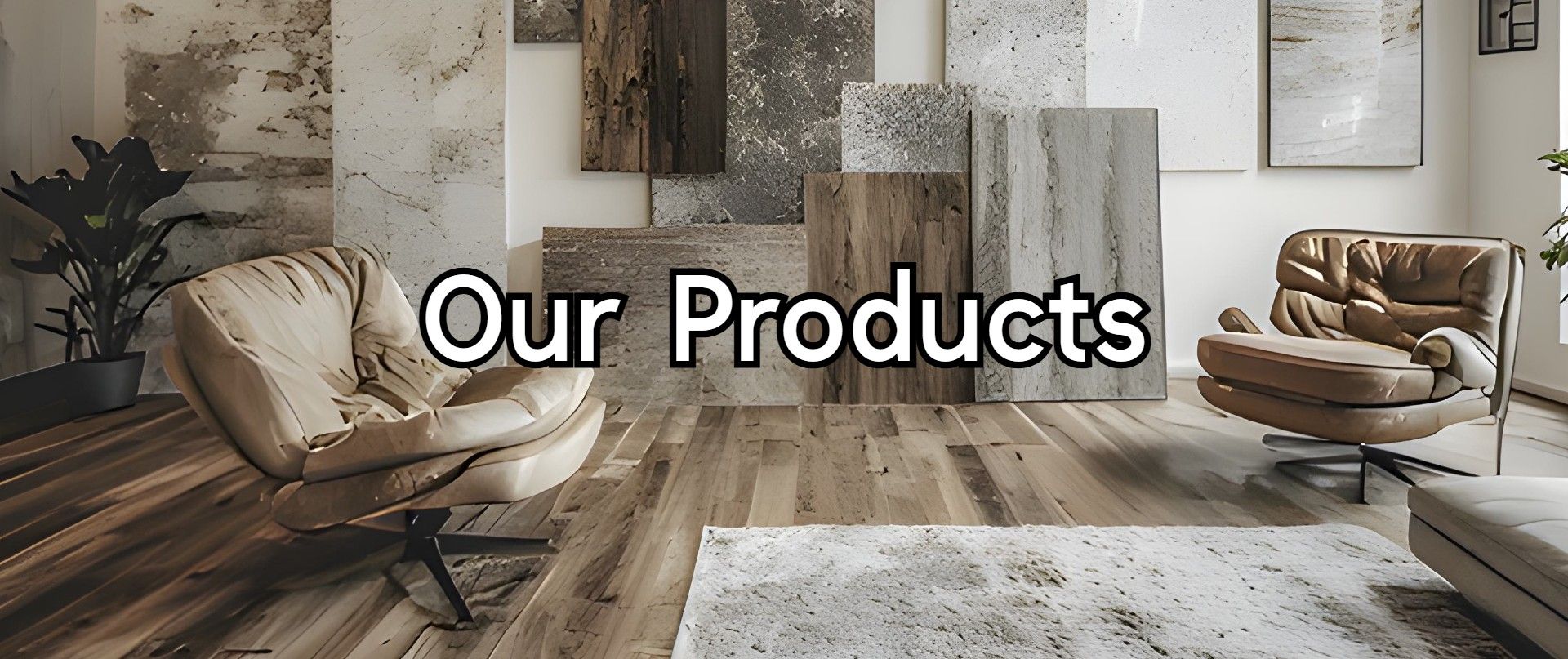 Stylish showroom scene with tan leather chairs on mixed-tone wood flooring, light area rug, and layered wall samples of stone, tile, and wood textures; bold white text reads 'Our Products' to highlight Floor Fashions’ diverse flooring and wall material offerings in Saint John, NB