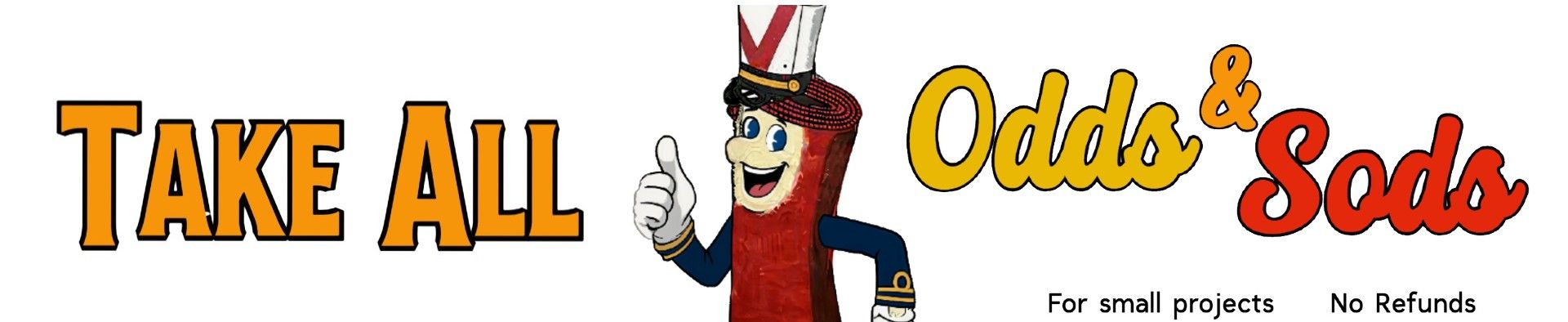 Bold 'Take All Odds & Sods' sign for Floor Fashions' Saint John bargain section, featuring vibrant orange and yellow gradient text with playful cursive accents and fine print reading 'For small projects' and 'No Refunds' to emphasize clearance terms and creative-use flooring deals This one adds urgency and clarity for shoppers looking to scoop up final pieces. If you’re planning to run a “Last Chance” or “Final Few” promo, I can help you craft matching signage and ALT tags that keep the energy high and the message clear. Want to build out a mini campaign around it?