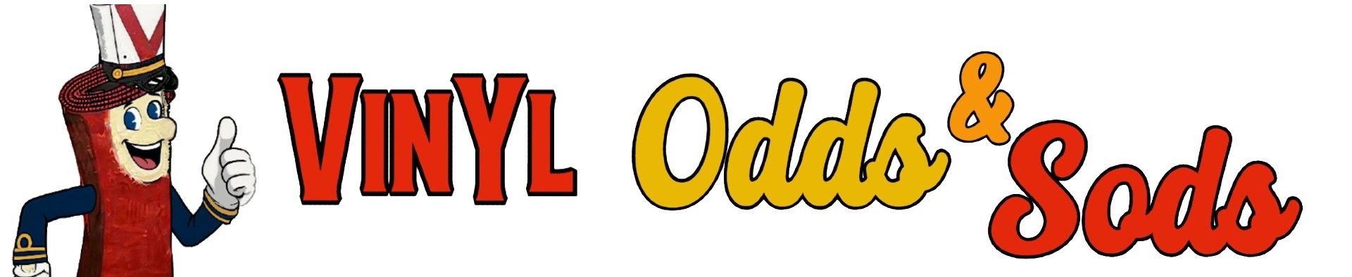 Colorful retro-style 'VINYL Odds & Sods' sign for Floor Fashions' bargain section, featuring bold red and black lettering with playful cursive accents in yellow and orange to highlight discounted vinyl flooring deals